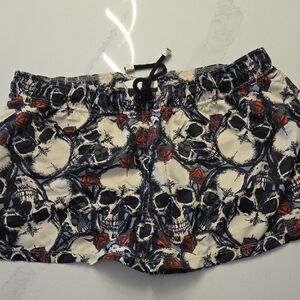 Men's Skull & Rose Swim Trunks in Cream, Black and Red